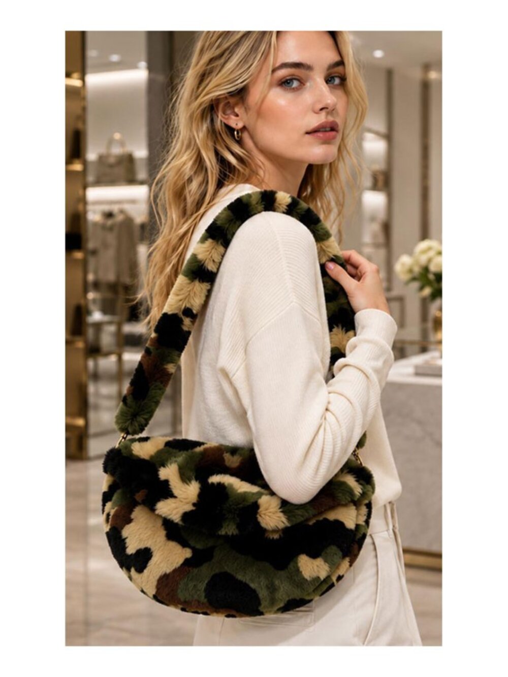 Tigerstars Solid Camouflage Plush Faux Fur Crescent Shoulder Handbag